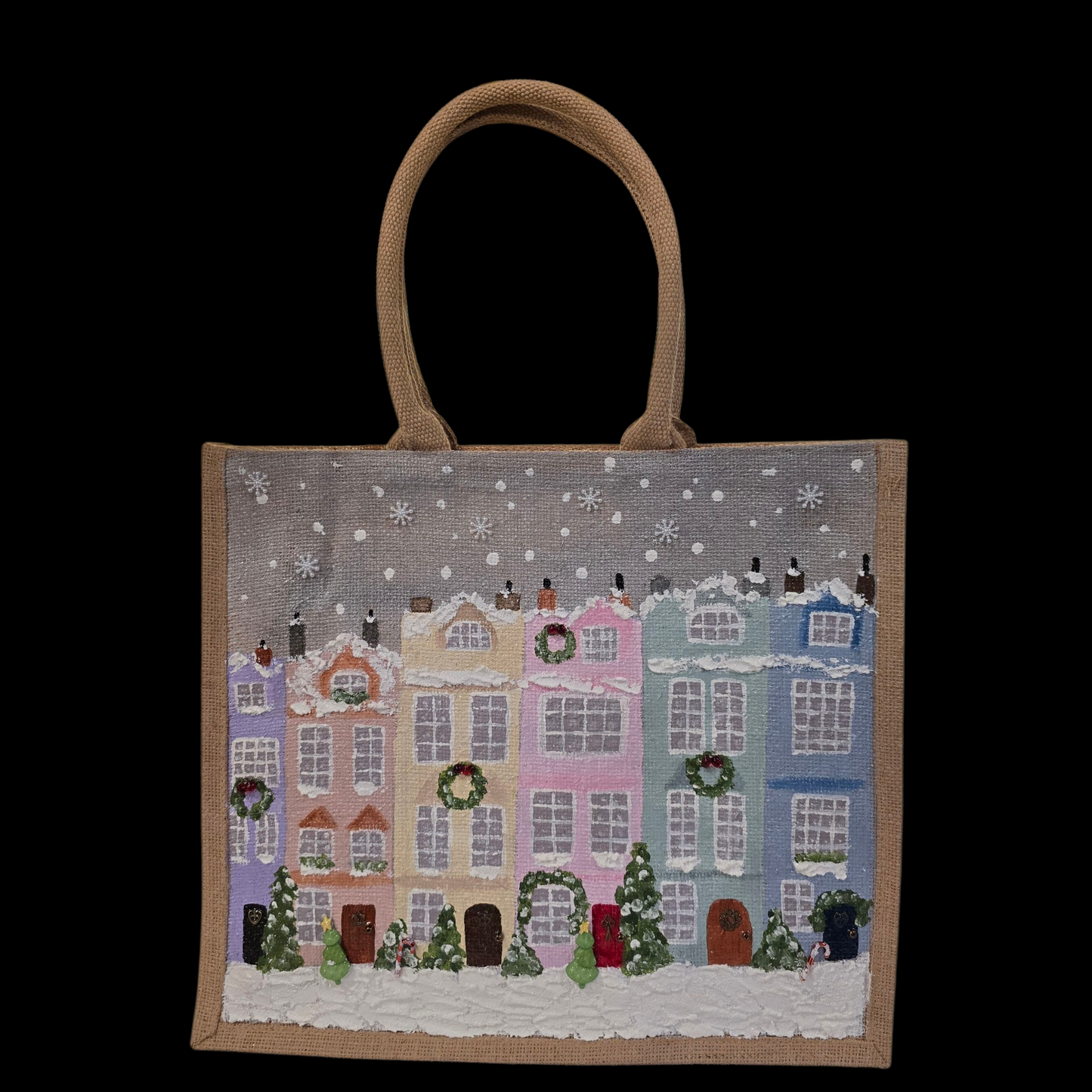 Hand-painted pastel gingerbread row houses in the snow on jute tote, Holiday village street artwork on artisan lined tote, Pastel Christmas houses tote with wreaths and snowfall