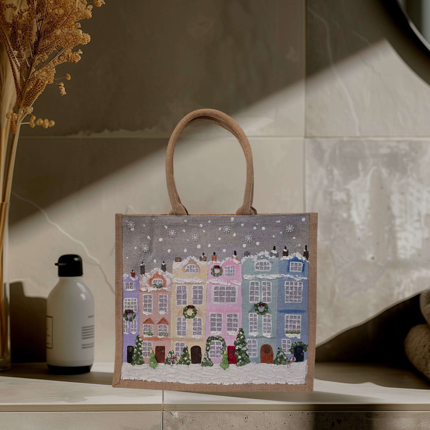 Hand-painted pastel gingerbread row houses in the snow on jute tote, Holiday village street artwork on artisan lined tote, Pastel Christmas houses tote with wreaths and snowfall