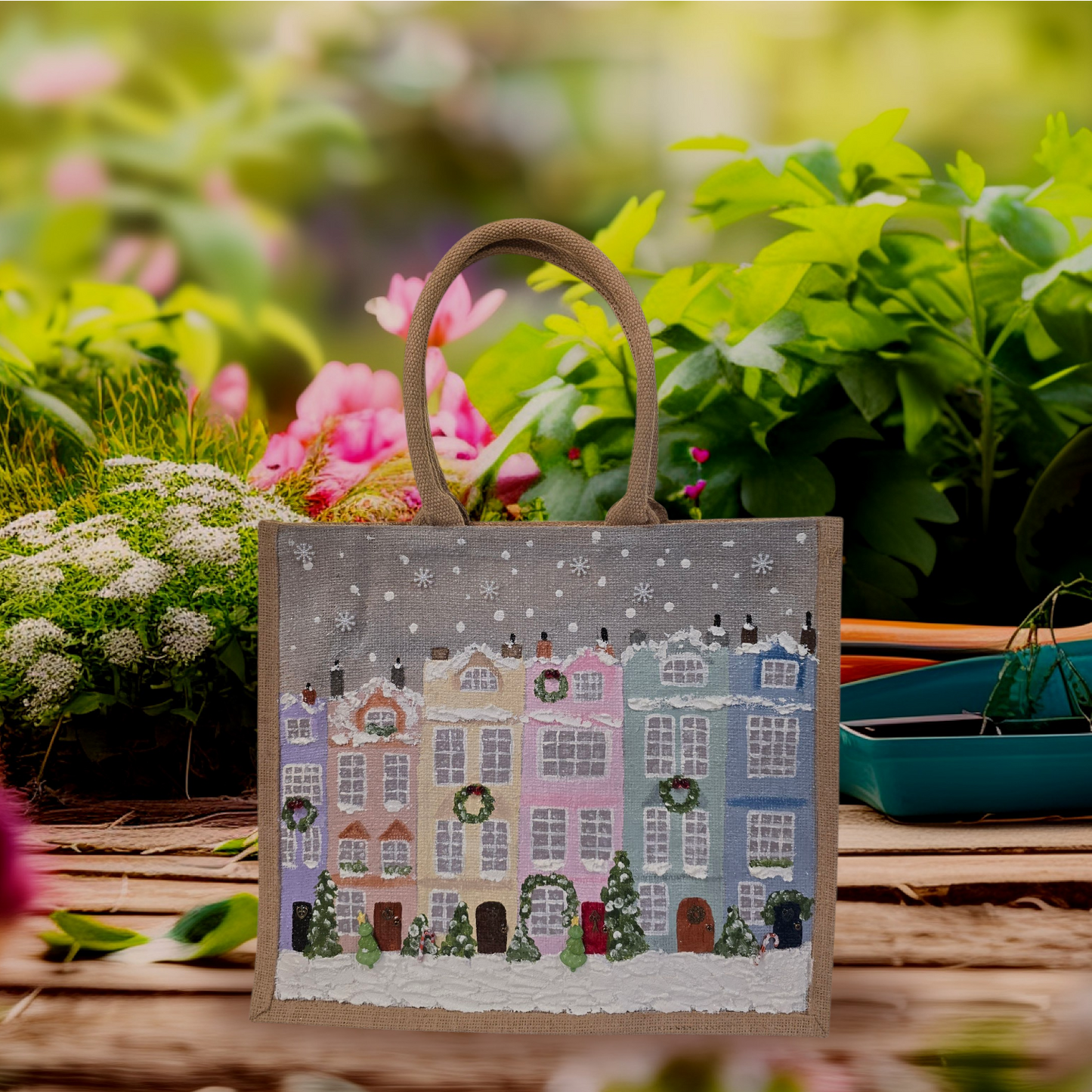Hand-painted pastel gingerbread row houses in the snow on jute tote, Holiday village street artwork on artisan lined tote, Pastel Christmas houses tote with wreaths and snowfall
