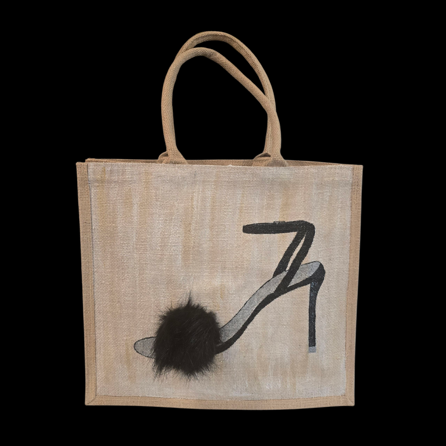Black Pom Stiletto on Jute Tote Bag