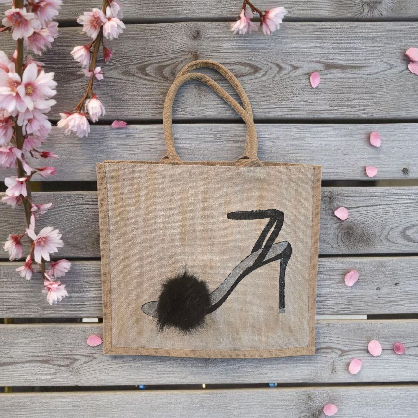 Black Pom Stiletto on Jute Tote Bag