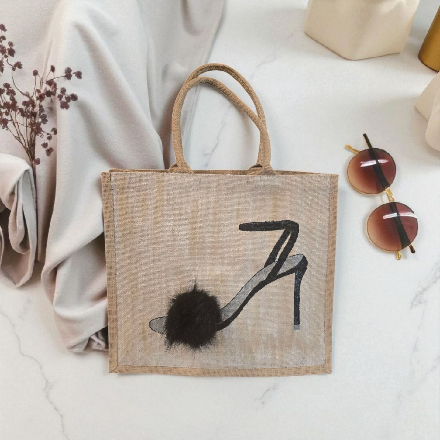 Black Pom Stiletto on Jute Tote Bag