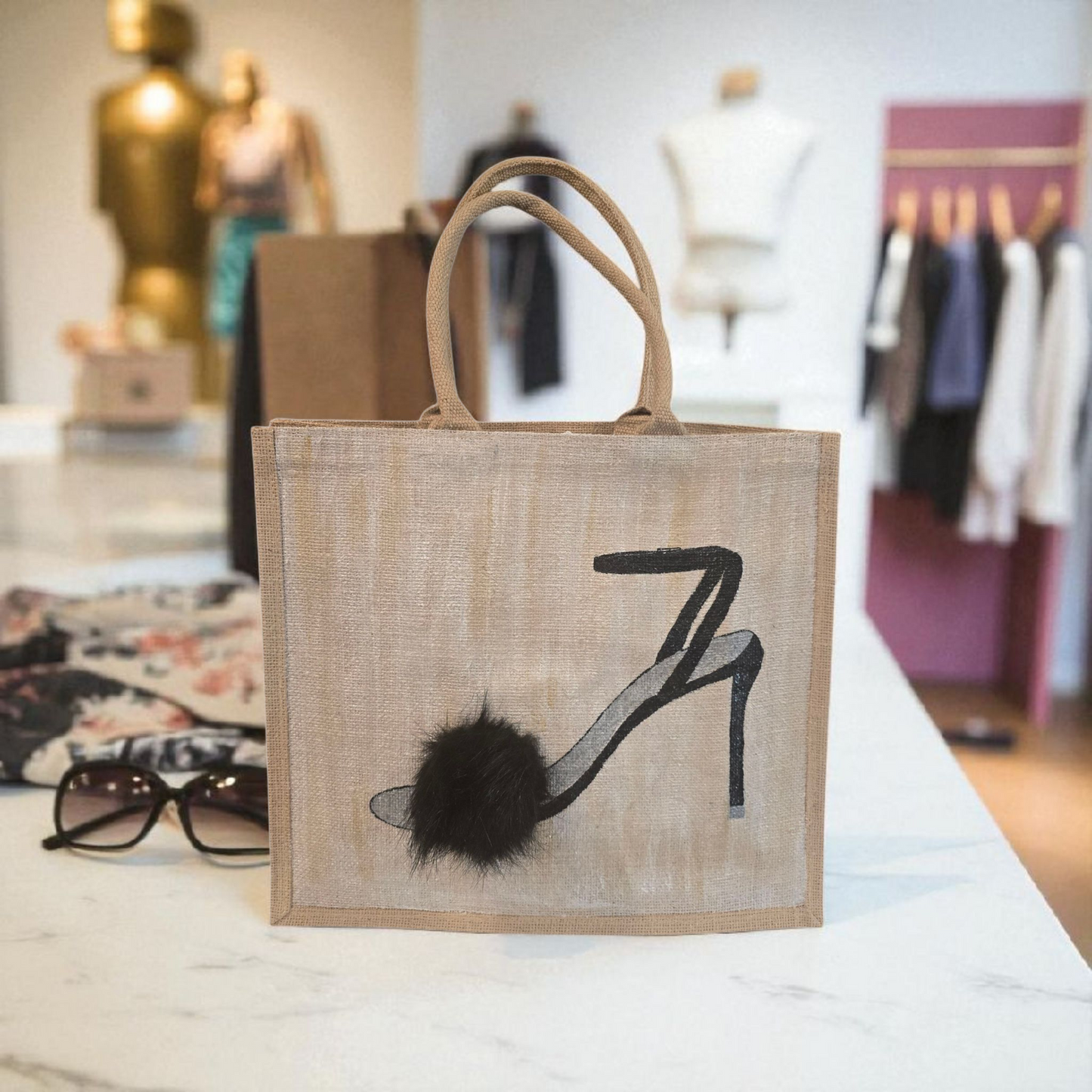 Black Pom Stiletto on Jute Tote Bag