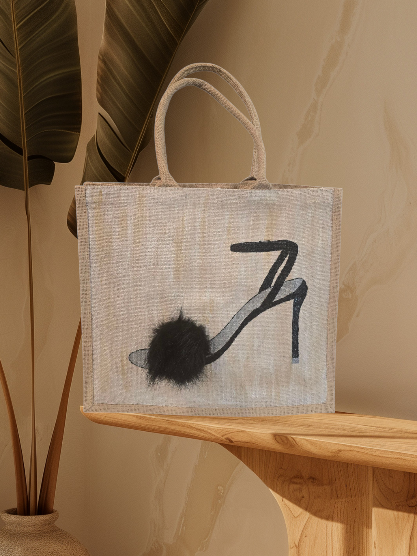 Black Pom Stiletto on Jute Tote Bag