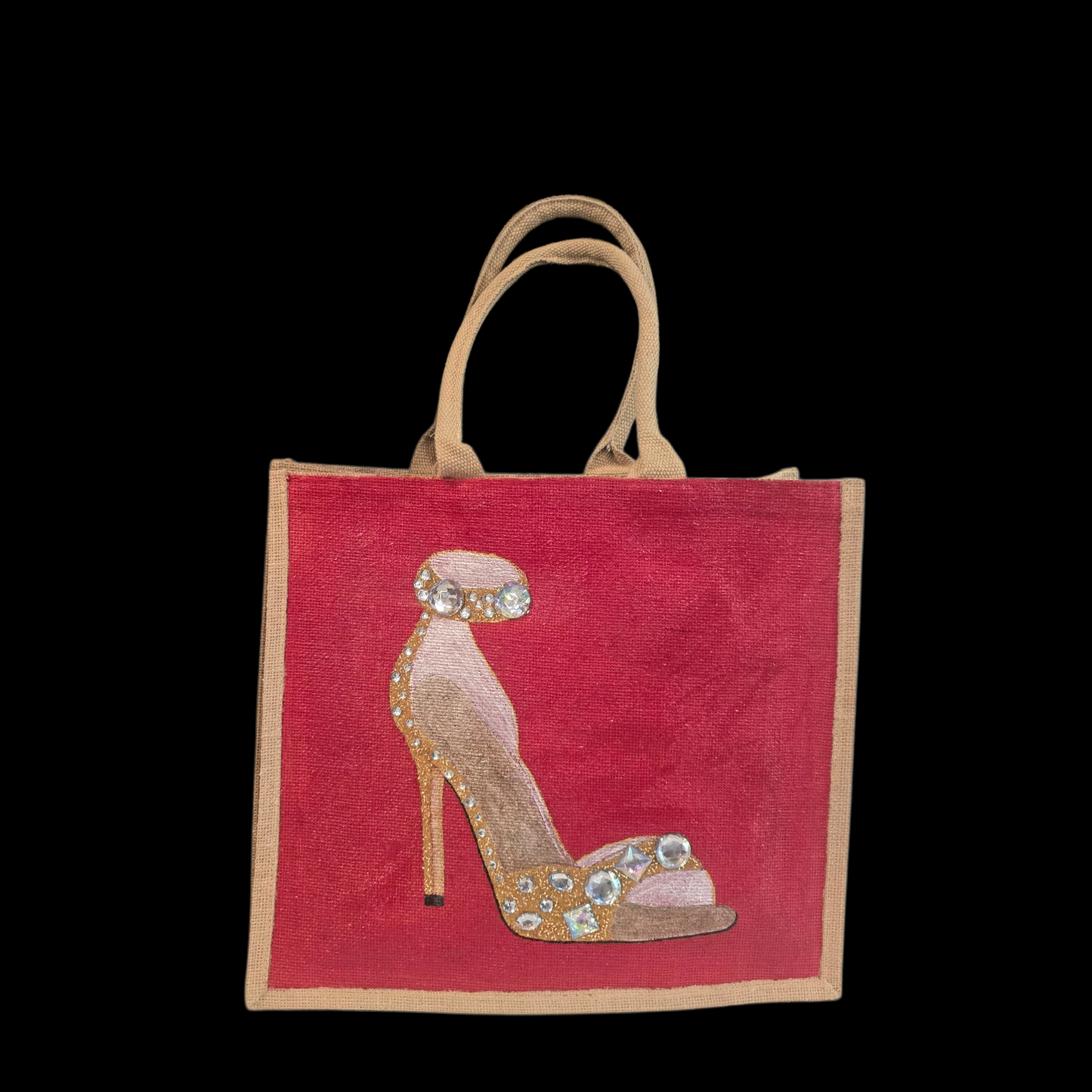 Hand-painted gold stiletto tote bag with jeweled accents on natural jute background