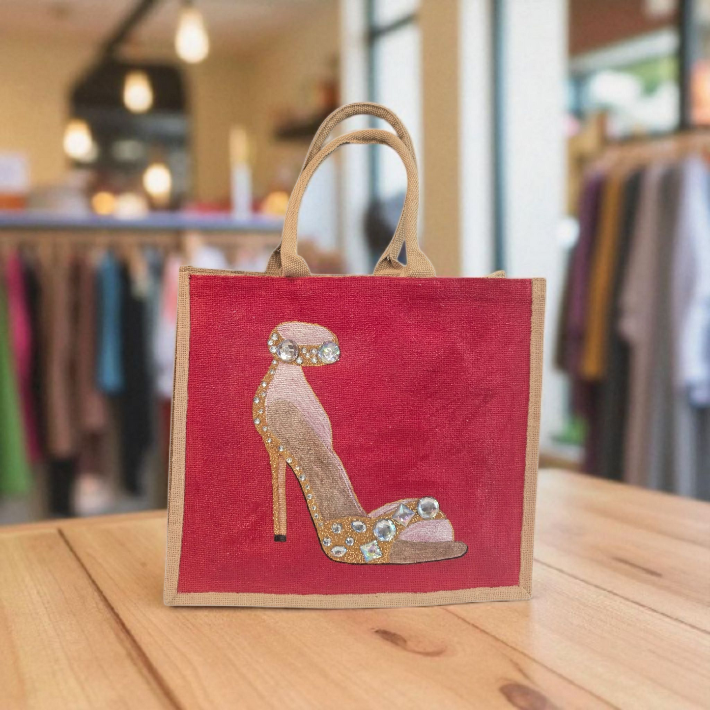 Hand-painted gold stiletto tote bag with jeweled accents on natural jute background