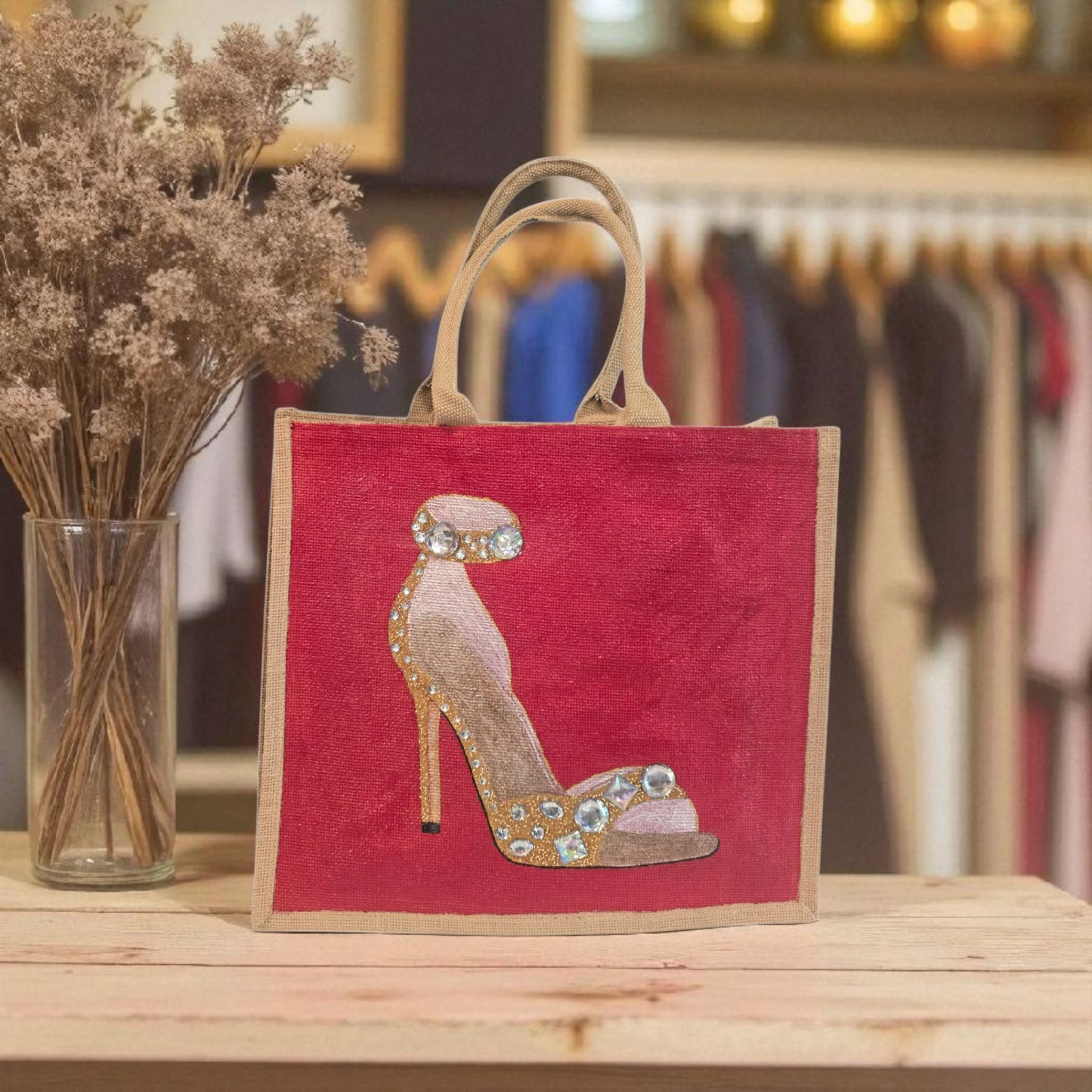 Hand-painted gold stiletto tote bag with jeweled accents on natural jute background