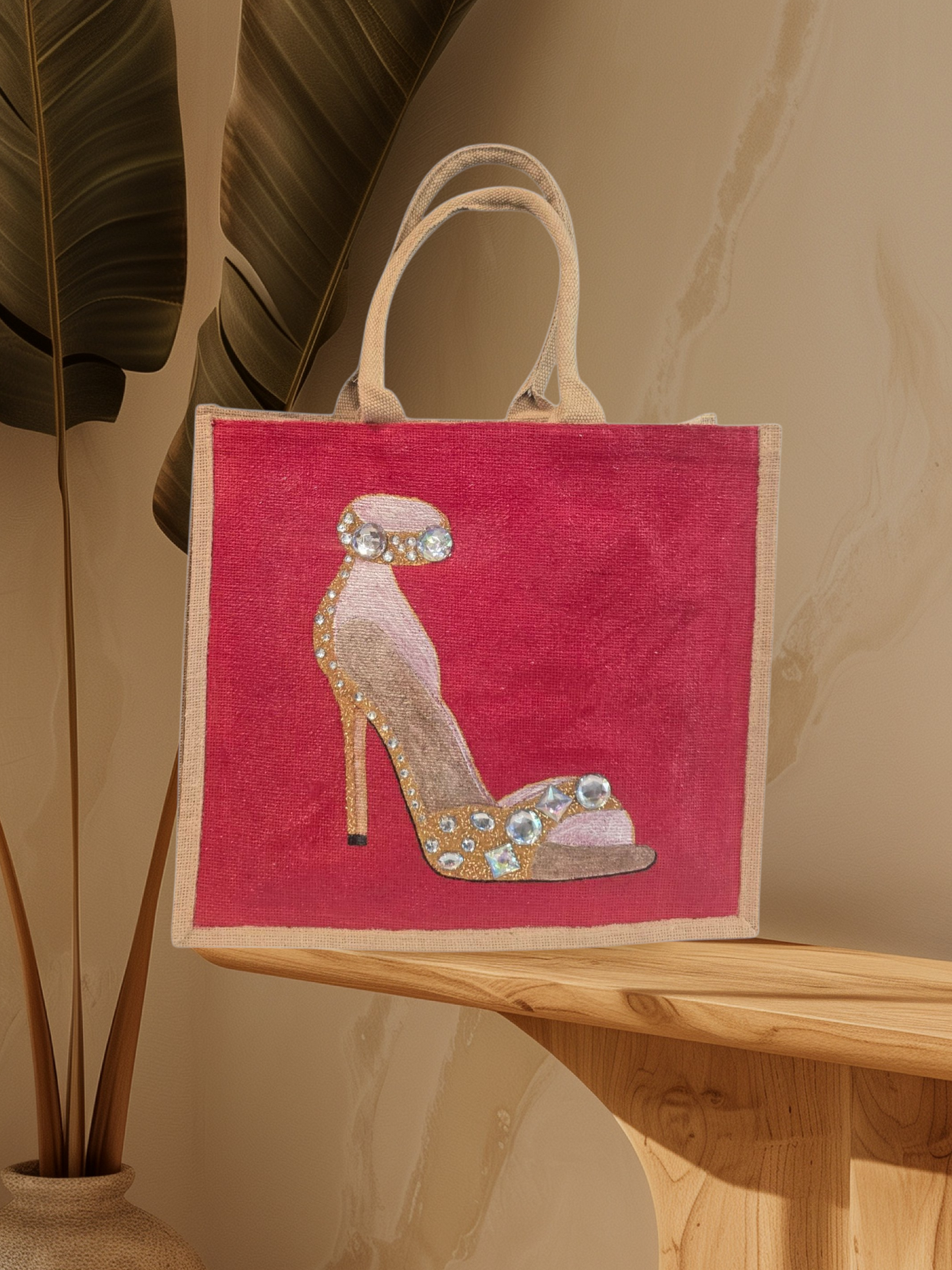 Hand-painted gold stiletto tote bag with jeweled accents on natural jute background