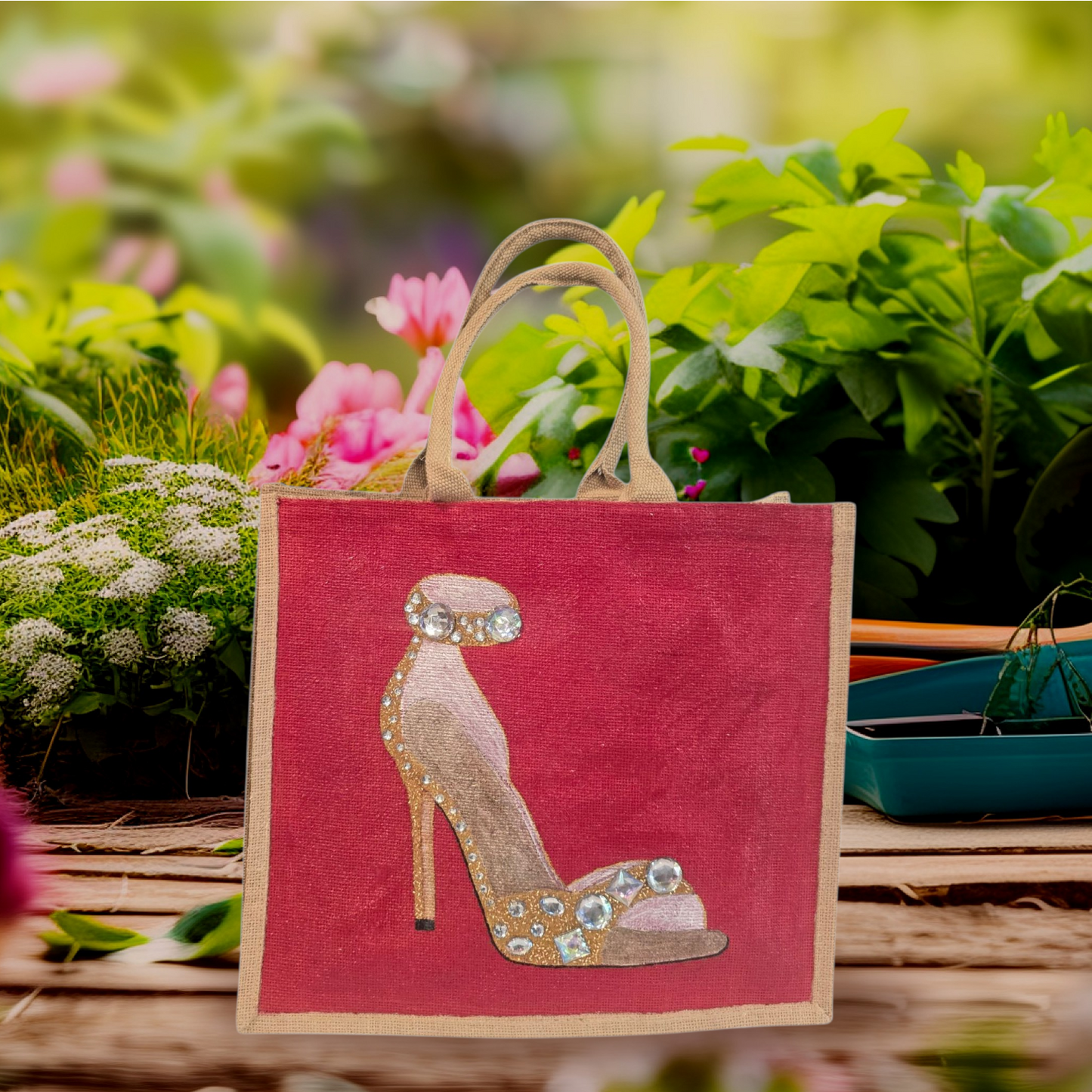 Hand-painted gold stiletto tote bag with jeweled accents on natural jute background