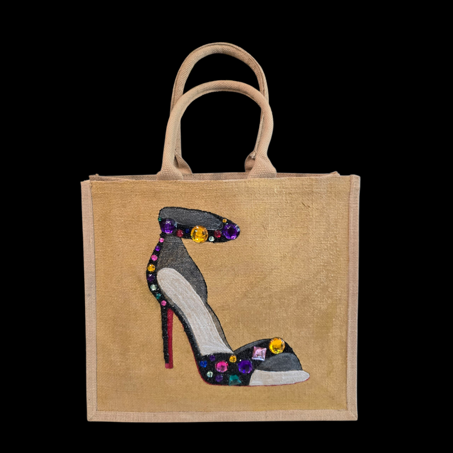 Hand-painted black stiletto tote bag with gold jeweled accents on natural jute background