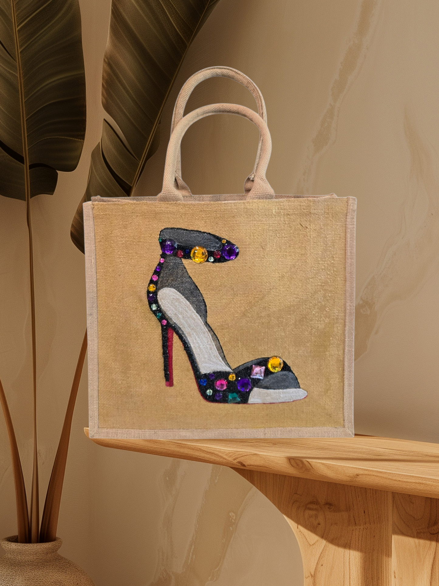 Hand-painted black stiletto tote bag with gold jeweled accents on natural jute background