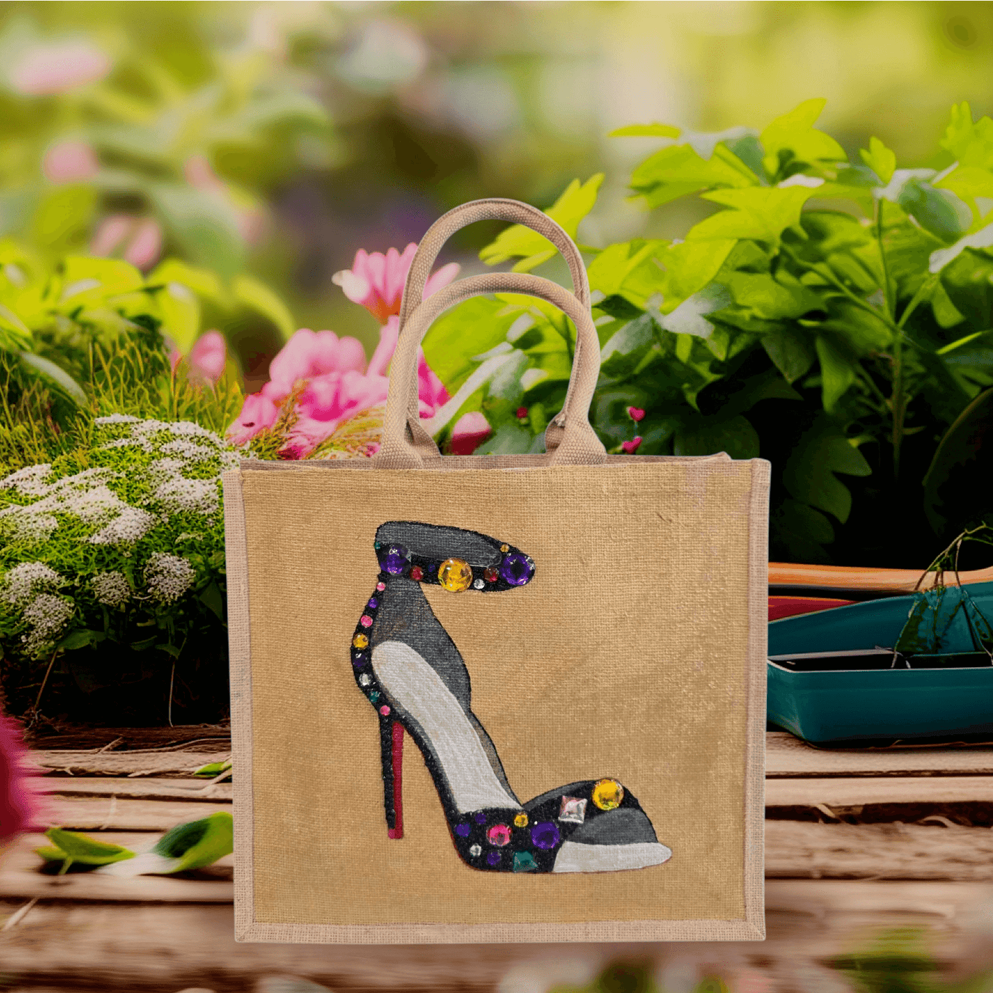 Hand-painted black stiletto tote bag with gold jeweled accents on natural jute background in an outdoor setting