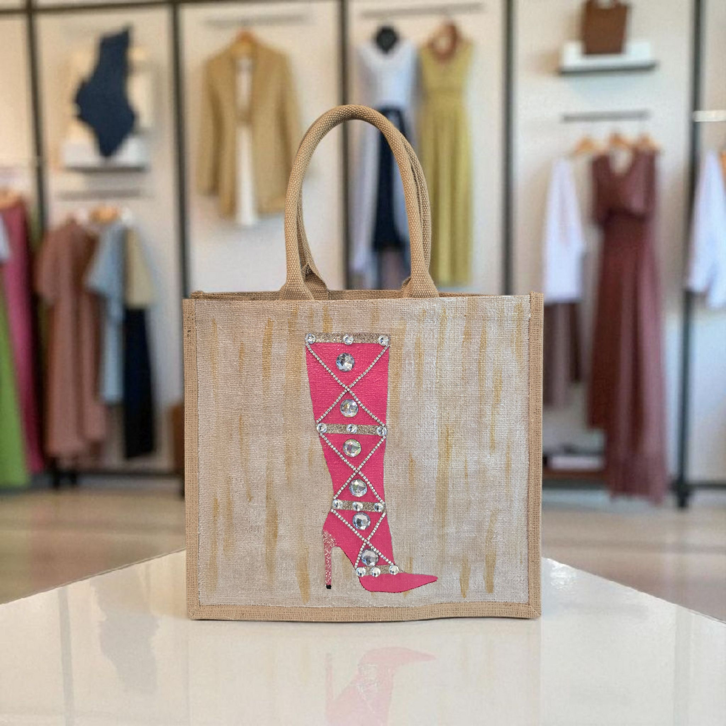 Hand-painted pink rhinestone boot tote bag on natural jute background in a boutique display