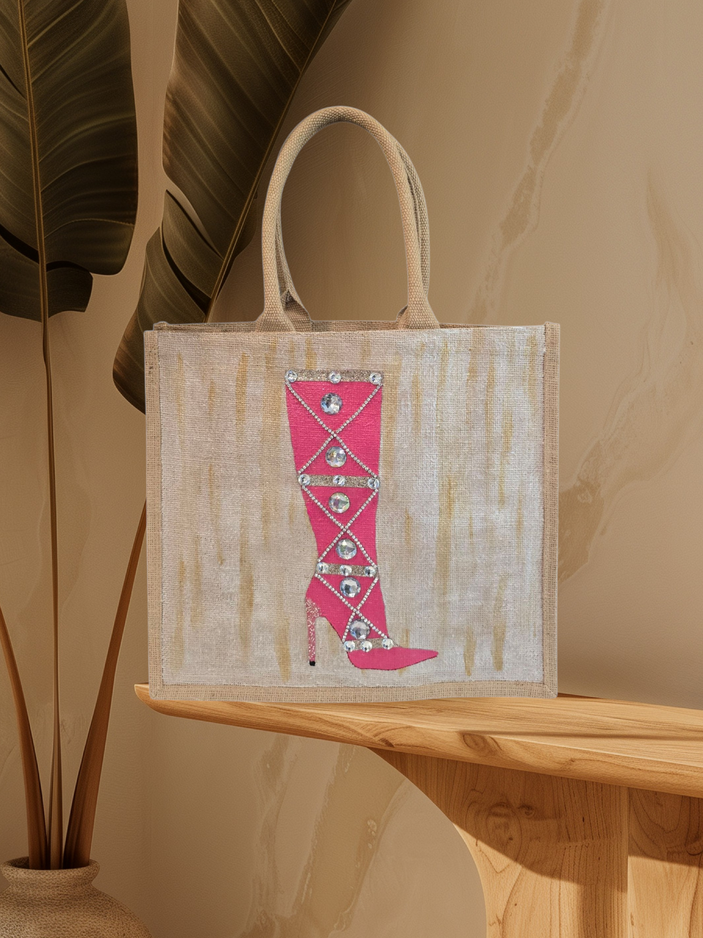 Hand-painted pink rhinestone boot tote bag on natural jute background