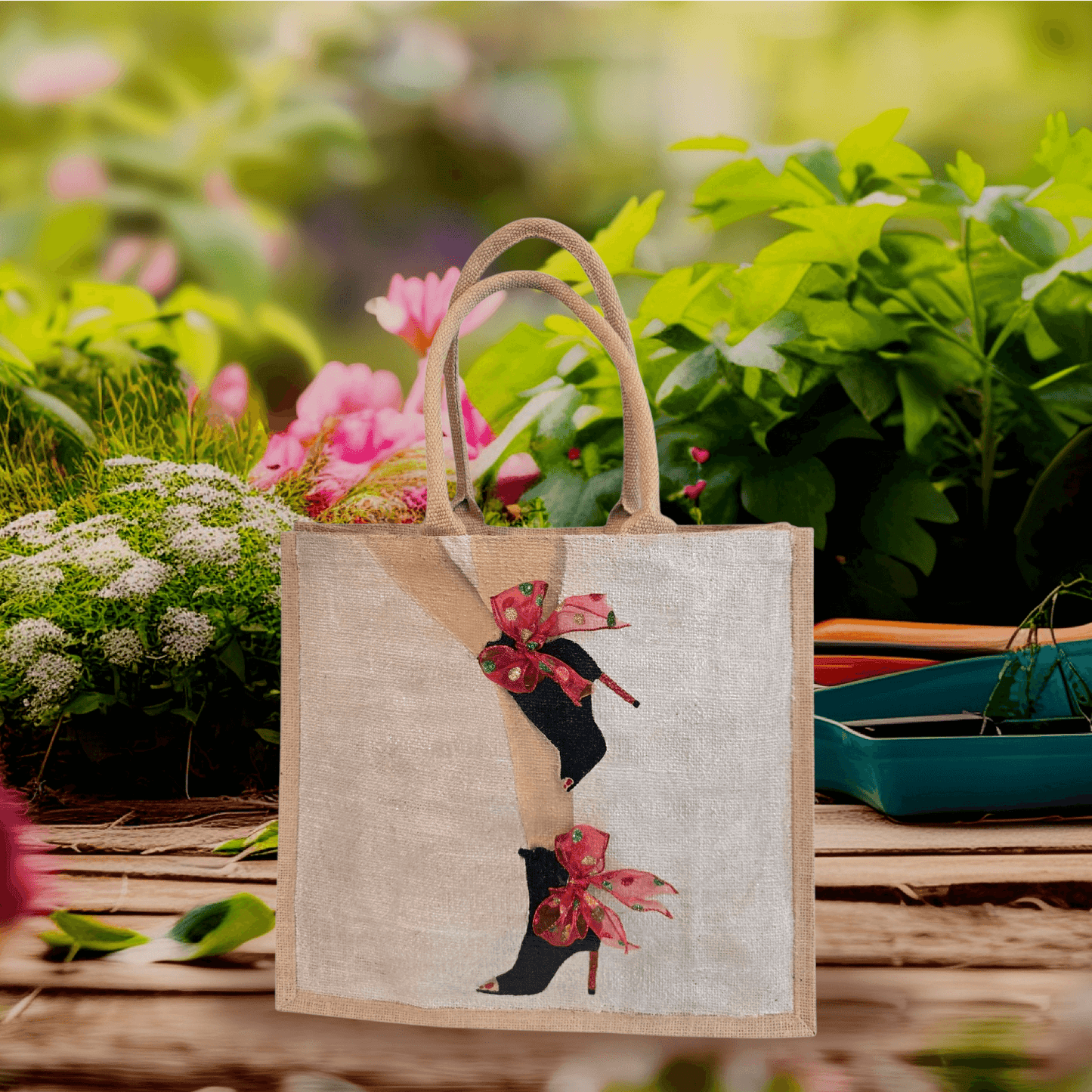 Kicking Up Her Heels Tote Bag, woman legs with black booties and red multicolored ribbon