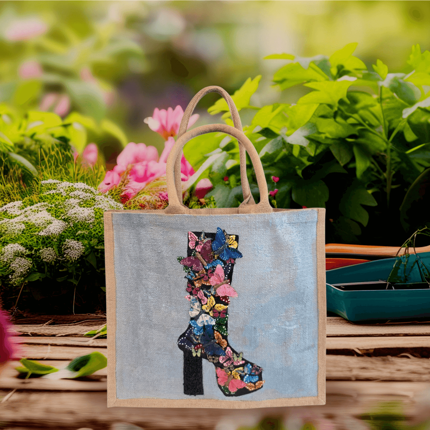 Wings of Style Butterfly Boot Tote Bag. Black boot covered in 3D butterflies. and beaded heel.