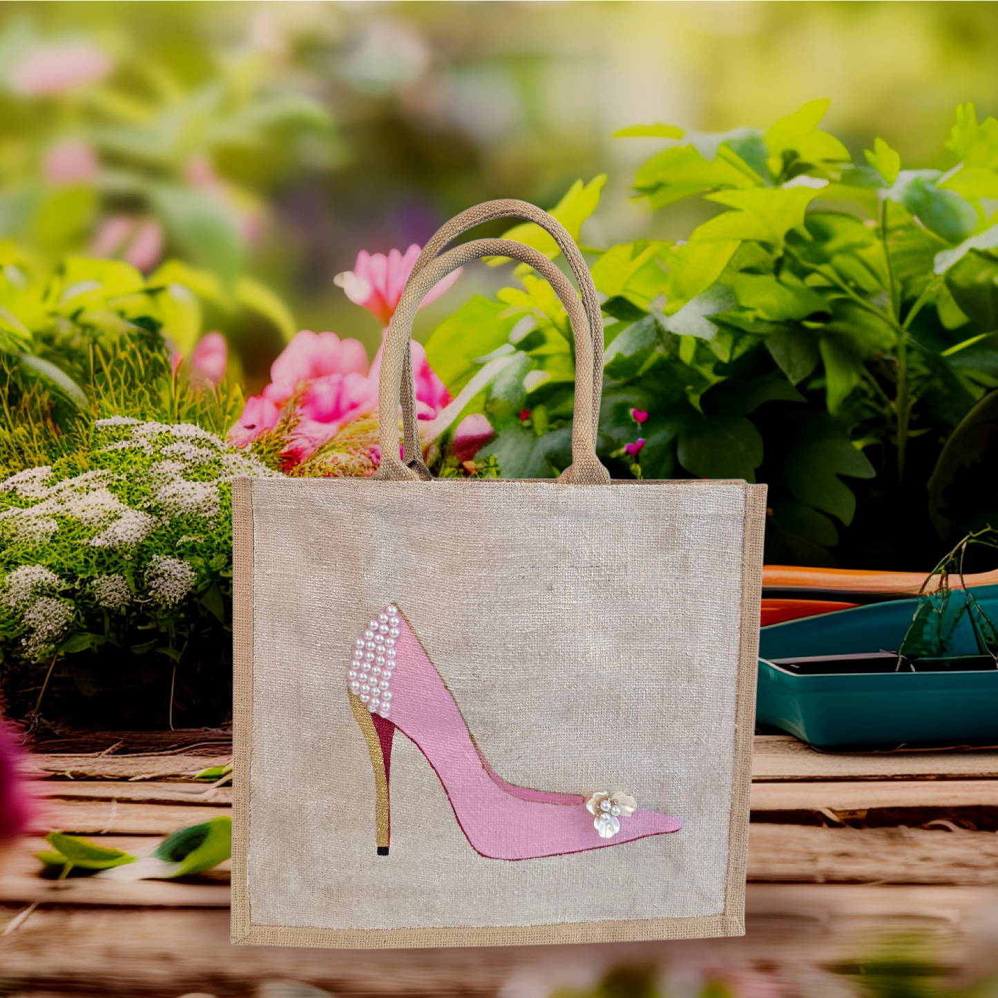 Pink Stiletto hand painted on jute tote bag embellished with jewels and pearls on an off white metallic background.