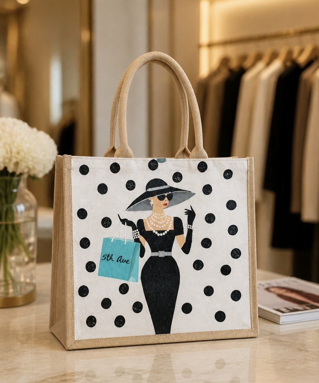 Hand-painted jute tote bag featuring a stylish woman in a black dress and wide-brim hat with pearl jewelry, black polka dot background, and turquoise “5th Ave” shopping bag detail.