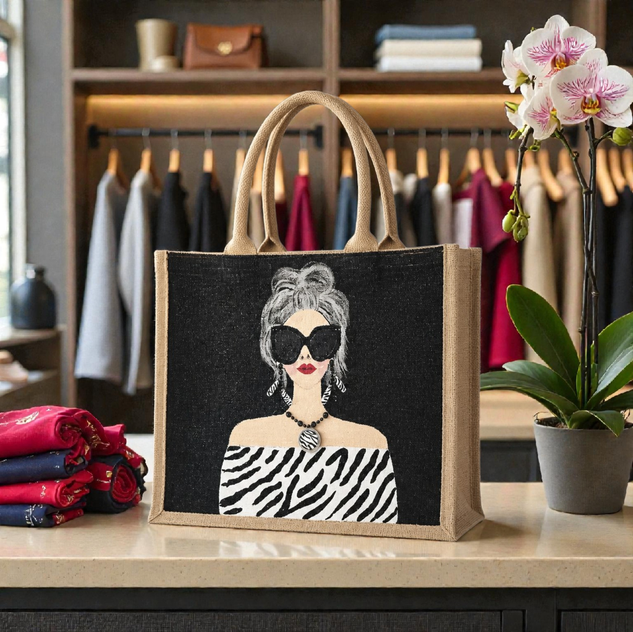 Women’s black and white wearable art tote bag with glamorous hand-painted fashion design