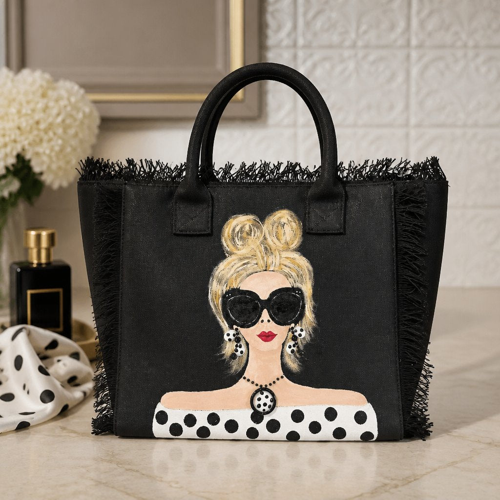 Hand-Painted Blonde Sunglasses Lady Fringed Canvas Tote Bag