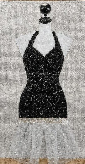 Close up of Hand-painted jute tote bag featuring a black glitter evening dress design on a mannequin form with sheer tulle accents, black embellishments, and natural burlap handles.