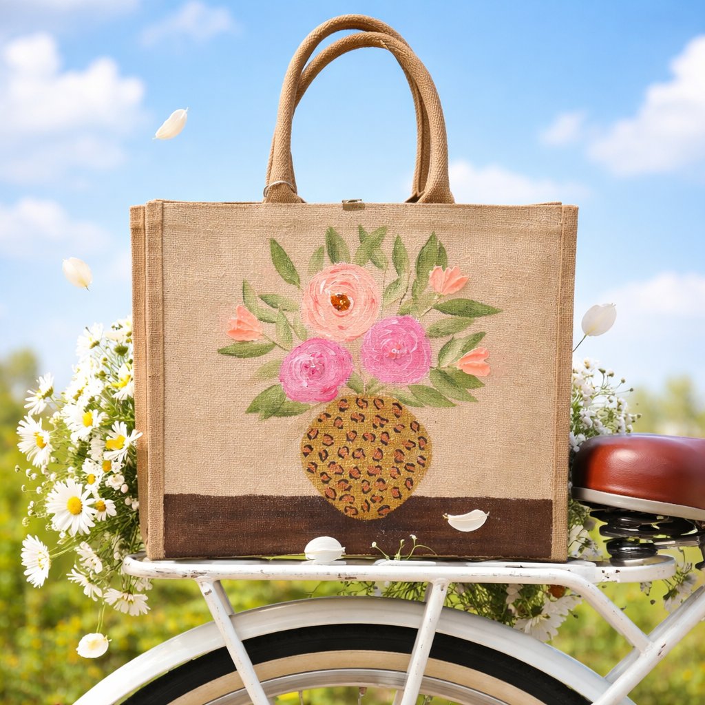 Hand-painted jute tote bag featuring pink and peach flowers arranged in a leopard print vase on a natural canvas background