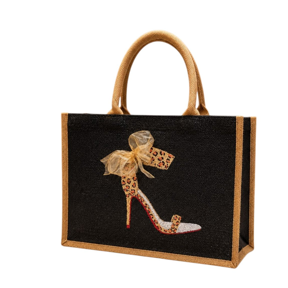 Hand-painted black jute tote bag featuring a leopard print high heel stiletto with a sheer gold bow, red sole accents, and natural jute trim and handles for a bold fashion-inspired look