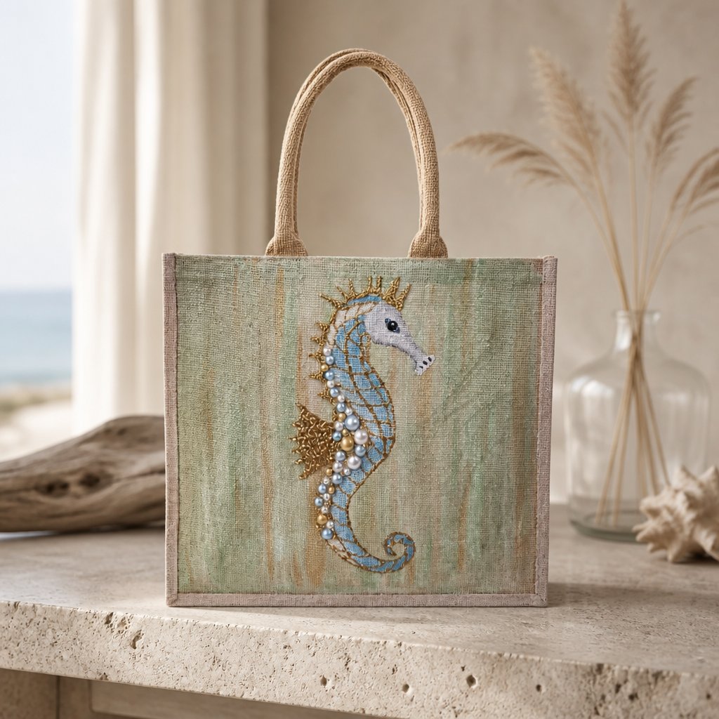 Hand-painted jute tote bag featuring a soft blue seahorse embellished with pearls and gold accents on a textured seafoam green background, finished with natural burlap handles and trim.