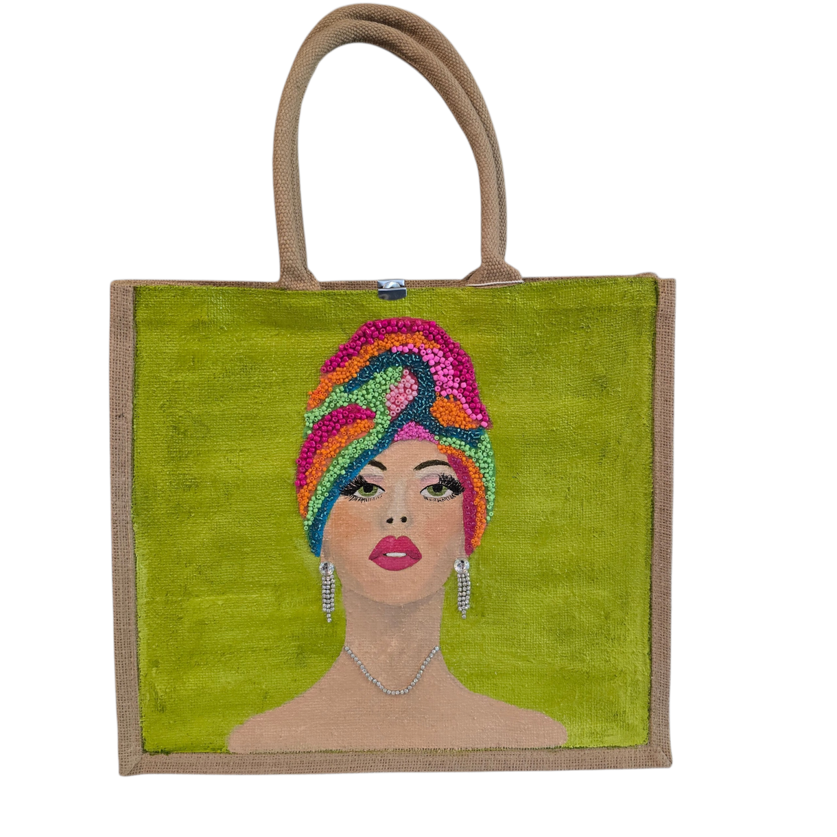 Hand-painted Vivid Muse tote bag featuring a stylish woman with a colorful beaded headwrap, bold makeup, and sparkling jewelry on a vibrant green background, a unique artistic fashion statement bag.