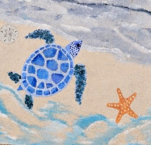 close up of Hand-painted jute tote bag featuring a blue sea turtle swimming through ocean waves with a starfish and soft coastal sky background. Beach-inspired artisan tote with natural rope handles and calming seaside colors.