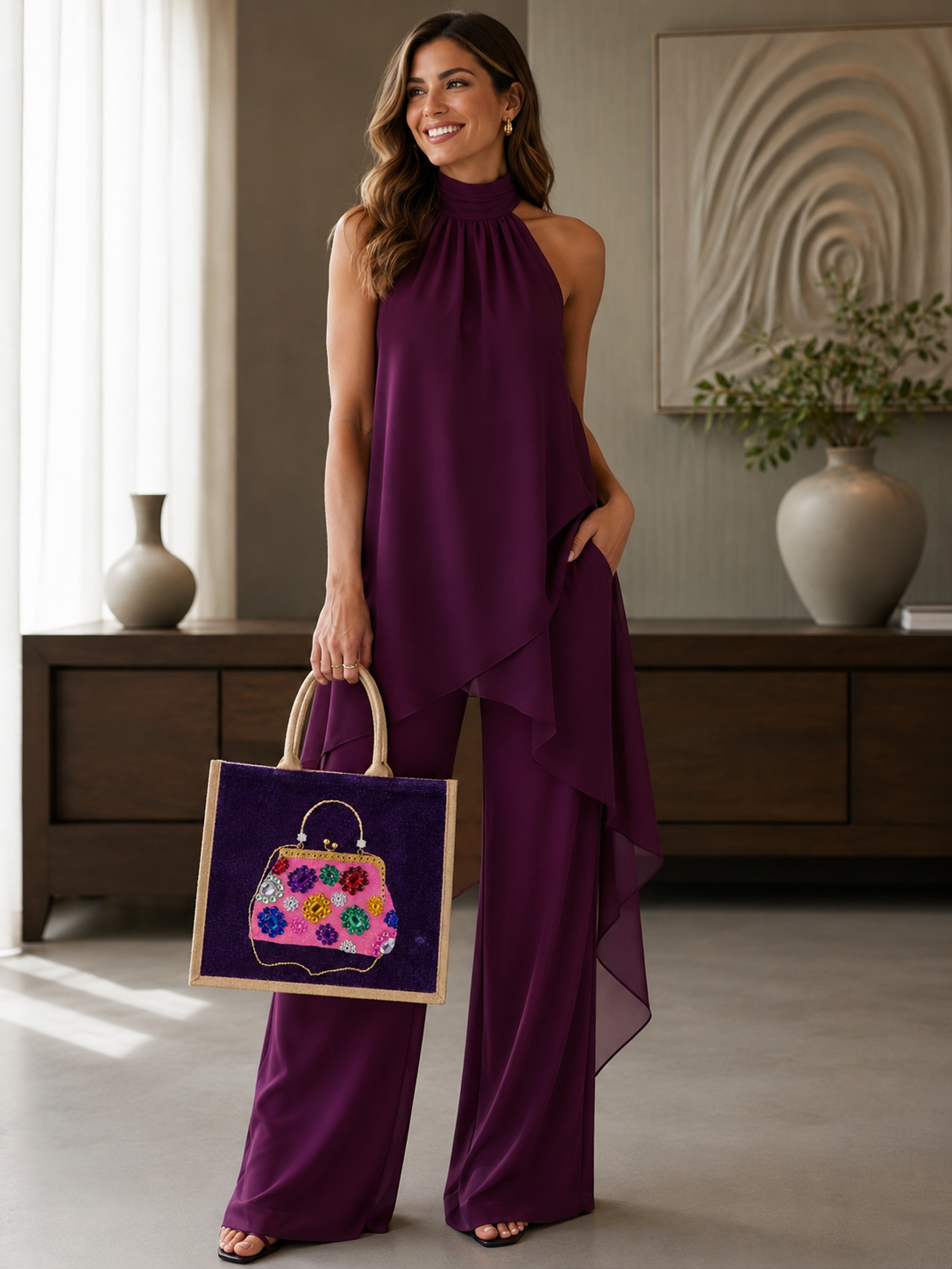 Hand-Painted Floral Jewel Purse Tote