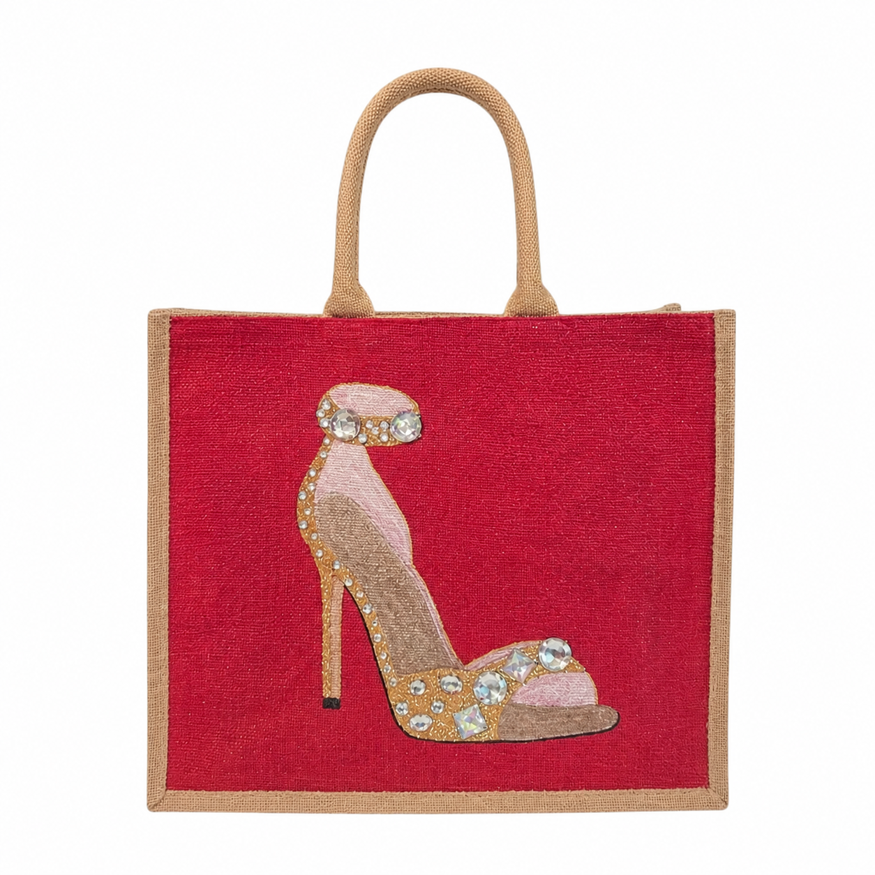 Hand-painted jeweled stiletto tote bag featuring a glamorous gold and blush high heel embellished with sparkling rhinestones on a rich red background. Elegant wearable art handbag with structured jute handles and fashion-inspired design.