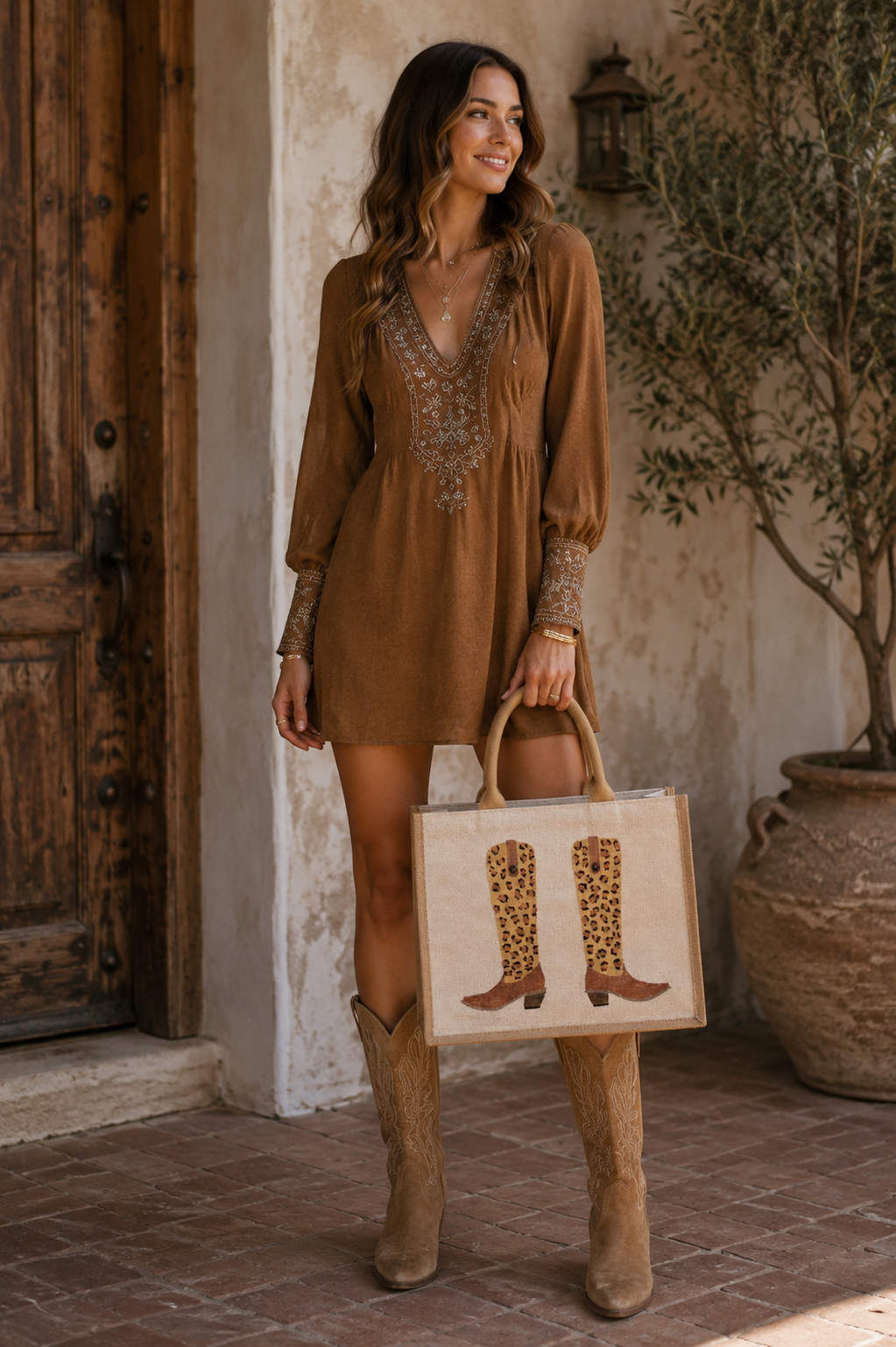 woman holding Hand-painted jute tote bag featuring a pair of leopard print western boots with brown accents and natural woven handles.
