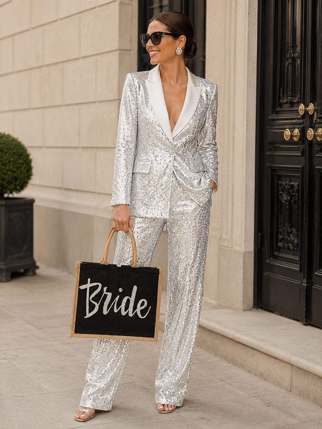 woman holding Hand-painted black jute tote bag featuring the word “Bride” in bold white script with a rhinestone accent, designed for weddings, bridal celebrations, and stylish bride-to-be gifts.