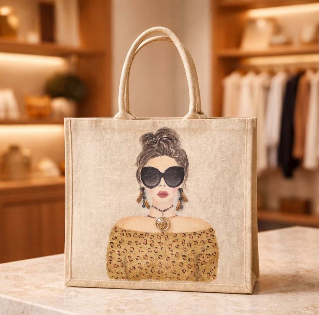 Hand-painted jute tote bag featuring a stylish woman with oversized black sunglasses, a leopard print off-the-shoulder top, statement earrings, and layered jewelry on a natural canvas background.