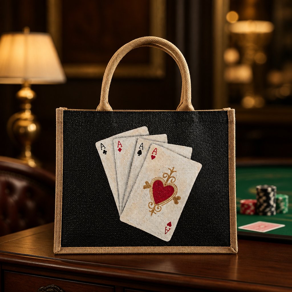 Hand-painted black jute tote bag featuring four aces playing cards with a red heart design, framed by natural burlap trim and rounded handles.