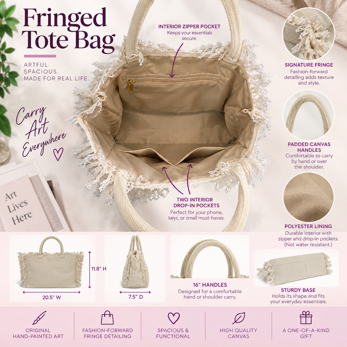 Hand-Painted Coco Blooms Fringed Canvas Tote Bag