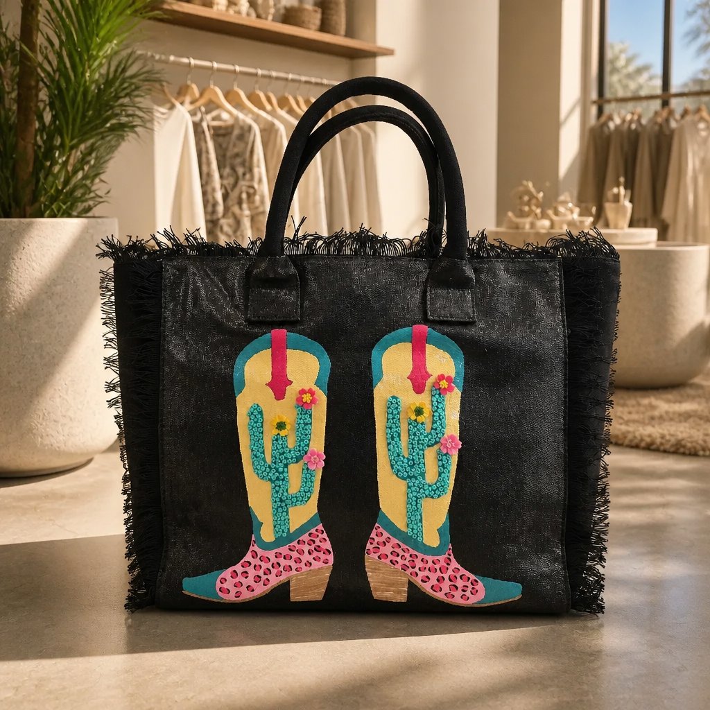Desert Kicks hand-painted Western tote bag displayed in a boutique setting featuring colorful cowboy boots, blooming cacti, and handcrafted embellishments.