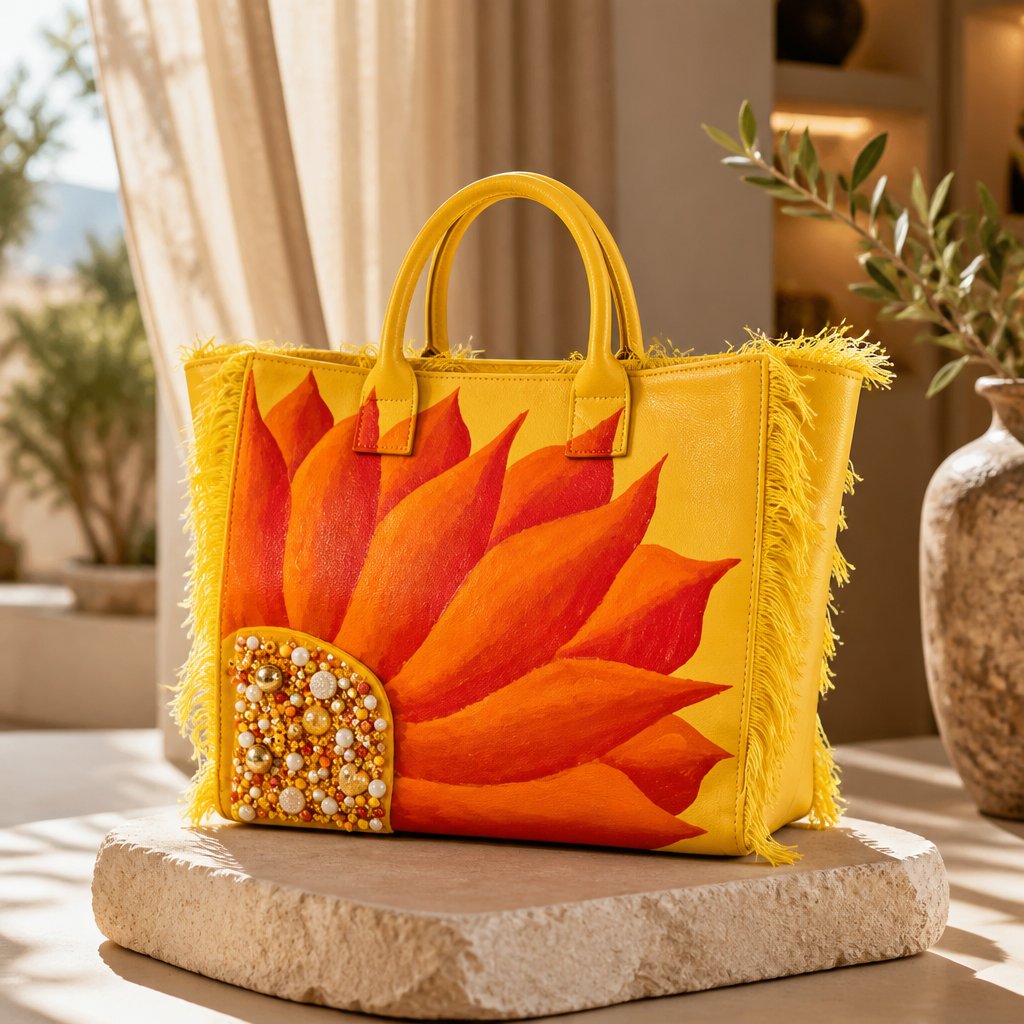 Hand-painted yellow fringed tote bag featuring a bold sunflower design in vibrant orange and red tones, accented with pearl and gold embellishments on the flower center, displayed against a neutral background.