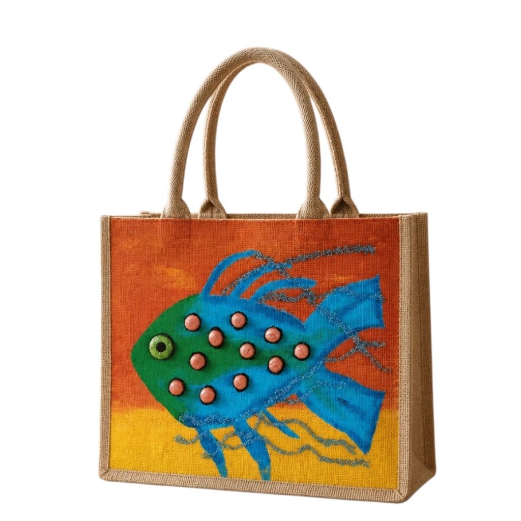 Hand-painted jute tote bag featuring a whimsical blue and green fish with dimensional coral-colored accents on a vibrant orange and yellow background. Coastal-inspired artisan beach tote with rope handles and colorful tropical ocean design.