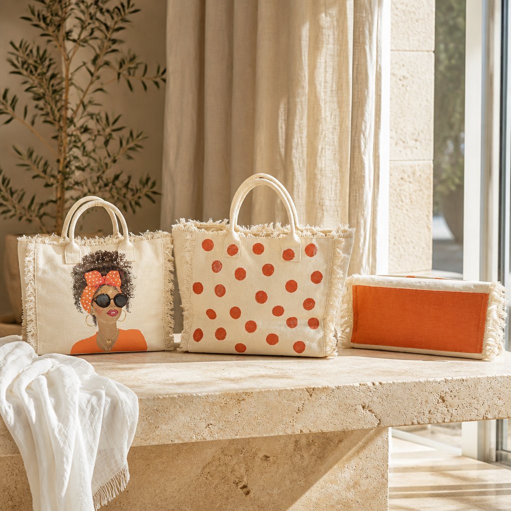 orange Polka Dot Muse fringed tote bag shown from the front, back with hand-painted orange polka dots, and bottom with coordinating orange painted detail.