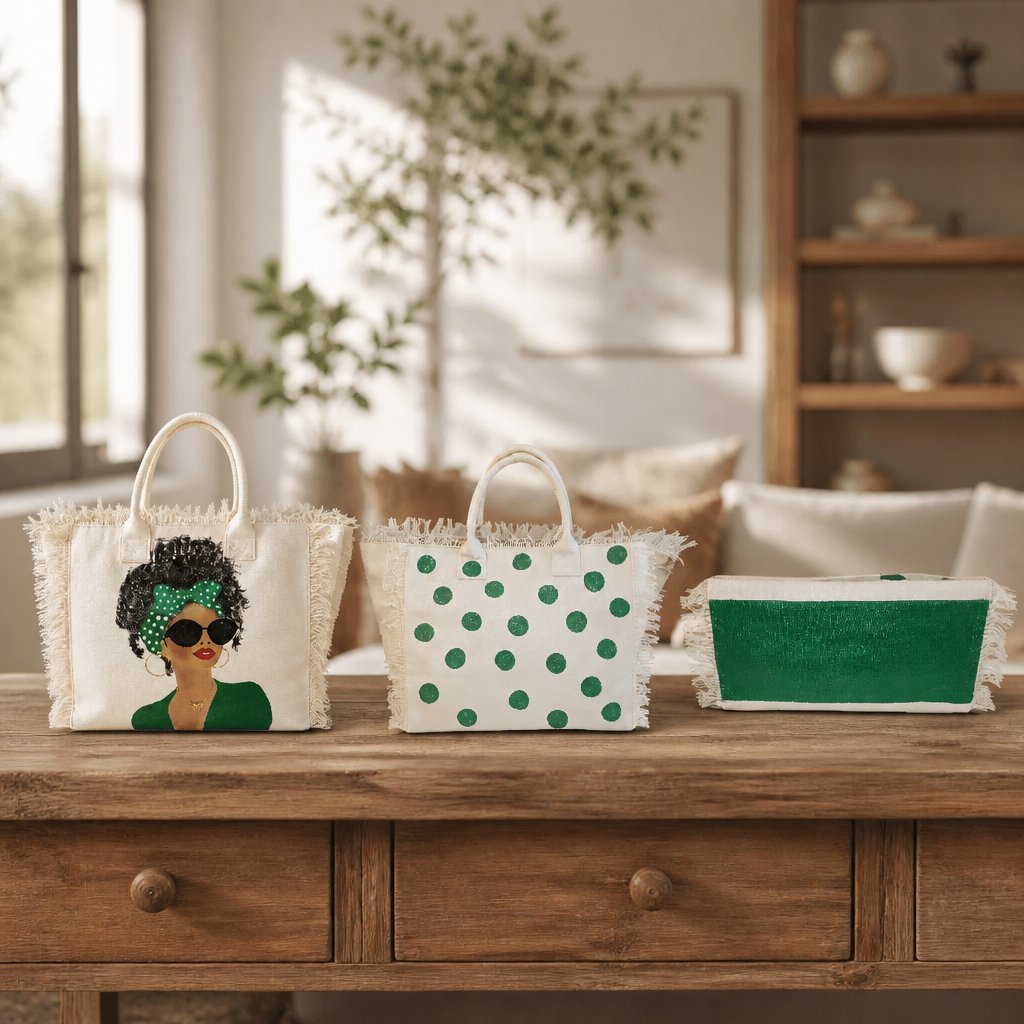 Hand-Painted Green Polka Dot Muse Fringed Tote Bag
