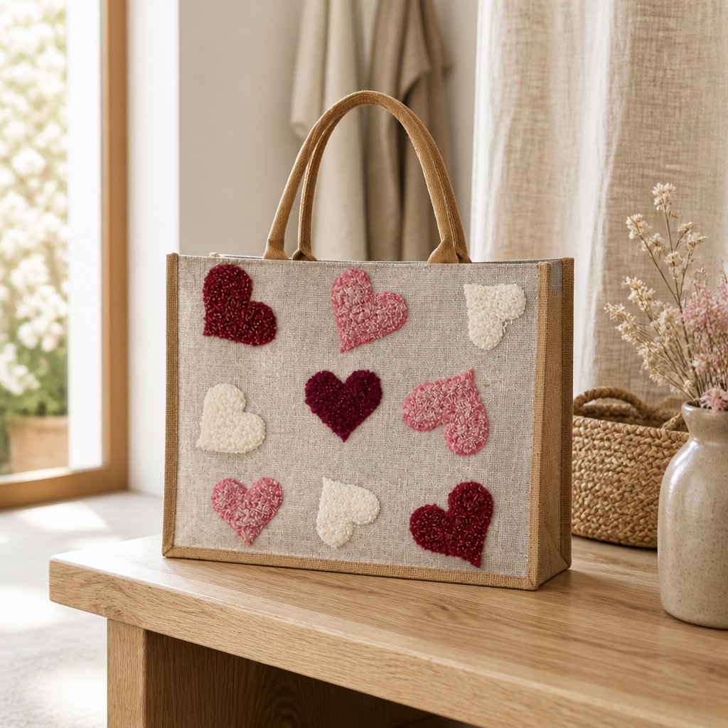 Hand-painted jute shopper bag featuring textured tufted hearts in pink, burgundy, and cream on a natural canvas background with tan handles.