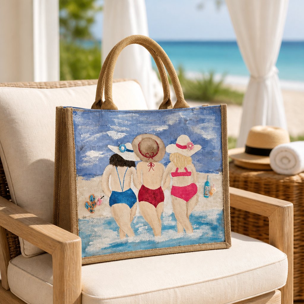 Hand-painted beach girlfriends jute tote bag featuring three women walking into the ocean in colorful swimsuits, accented with beach accessories and a soft blue coastal background