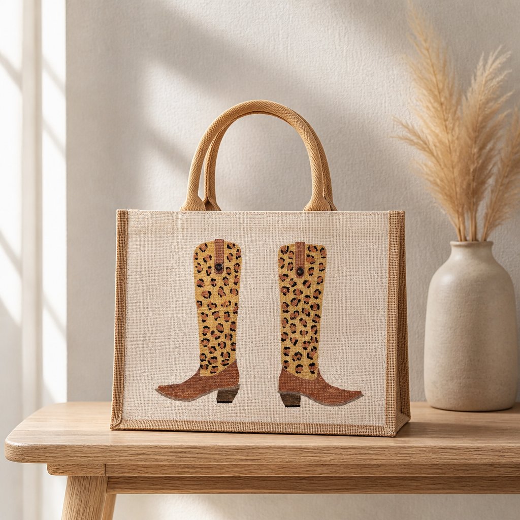 Hand-painted jute tote bag featuring a pair of leopard print western boots with brown accents and natural woven handles.