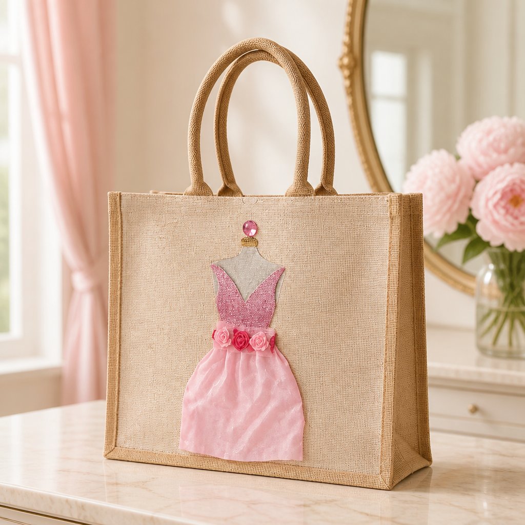 Hand-painted jute tote bag featuring a pink embellished cocktail dress design with floral waist details, rhinestone accents, and layered textured skirt on a natural canvas background.