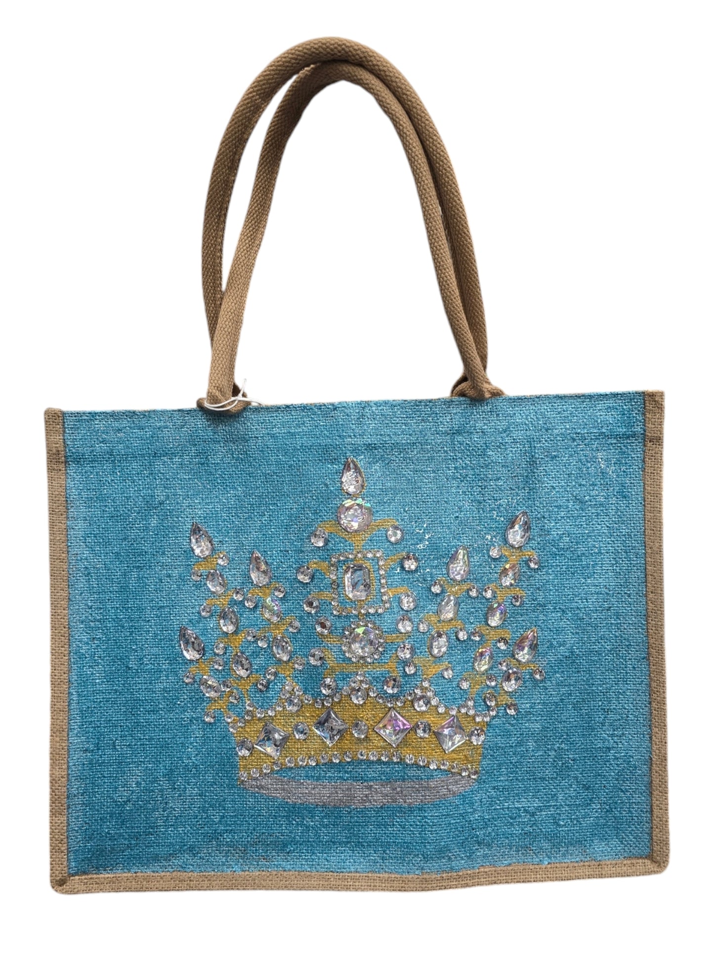 gold crown tote bag, metallic turquoise tote bag, queen tote bag, princess tote bag, beaded crown jute bag, eco-friendly tote