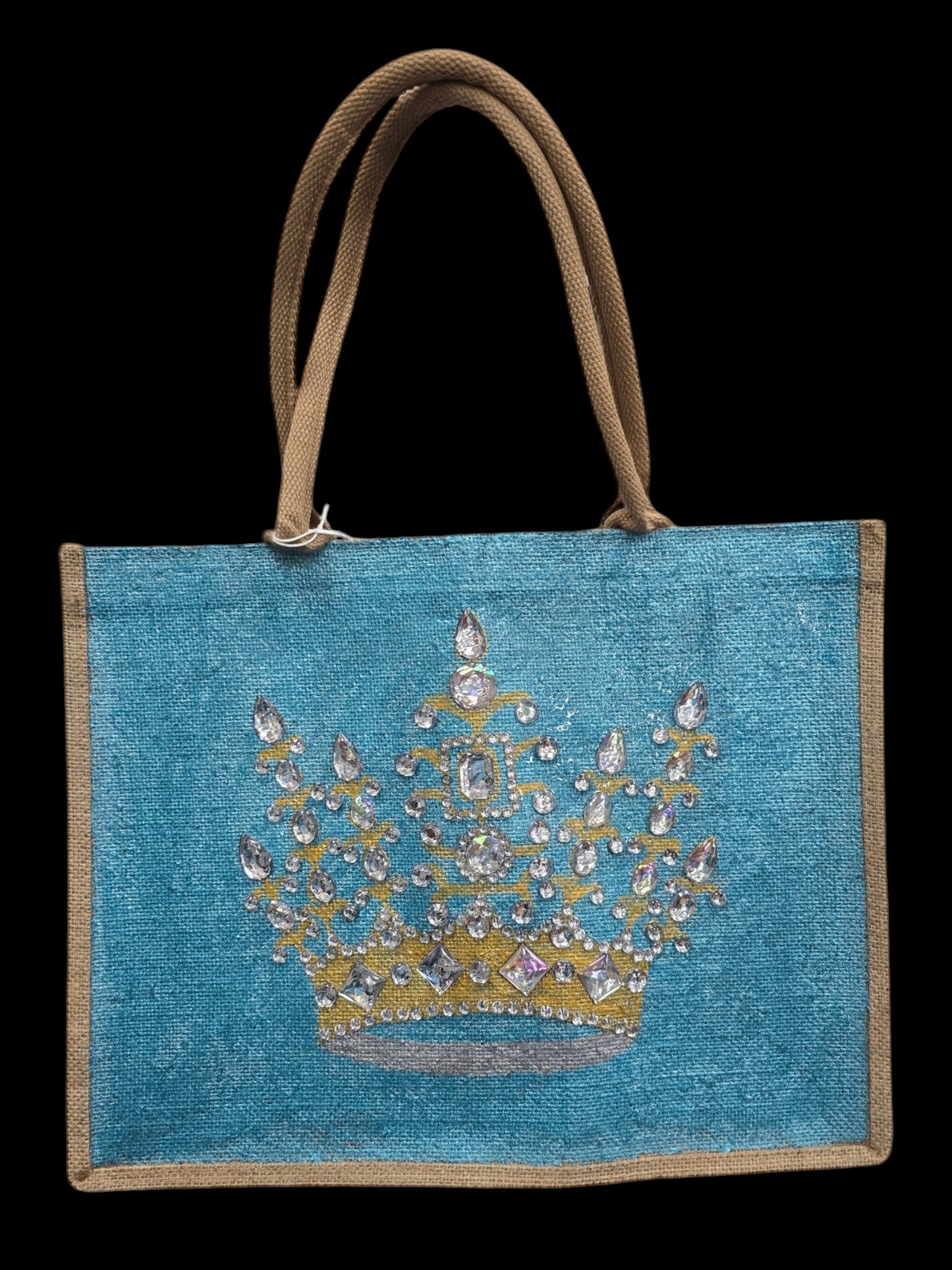 gold crown tote bag, metallic turquoise tote bag, queen tote bag, princess tote bag, beaded crown jute bag, eco-friendly tote