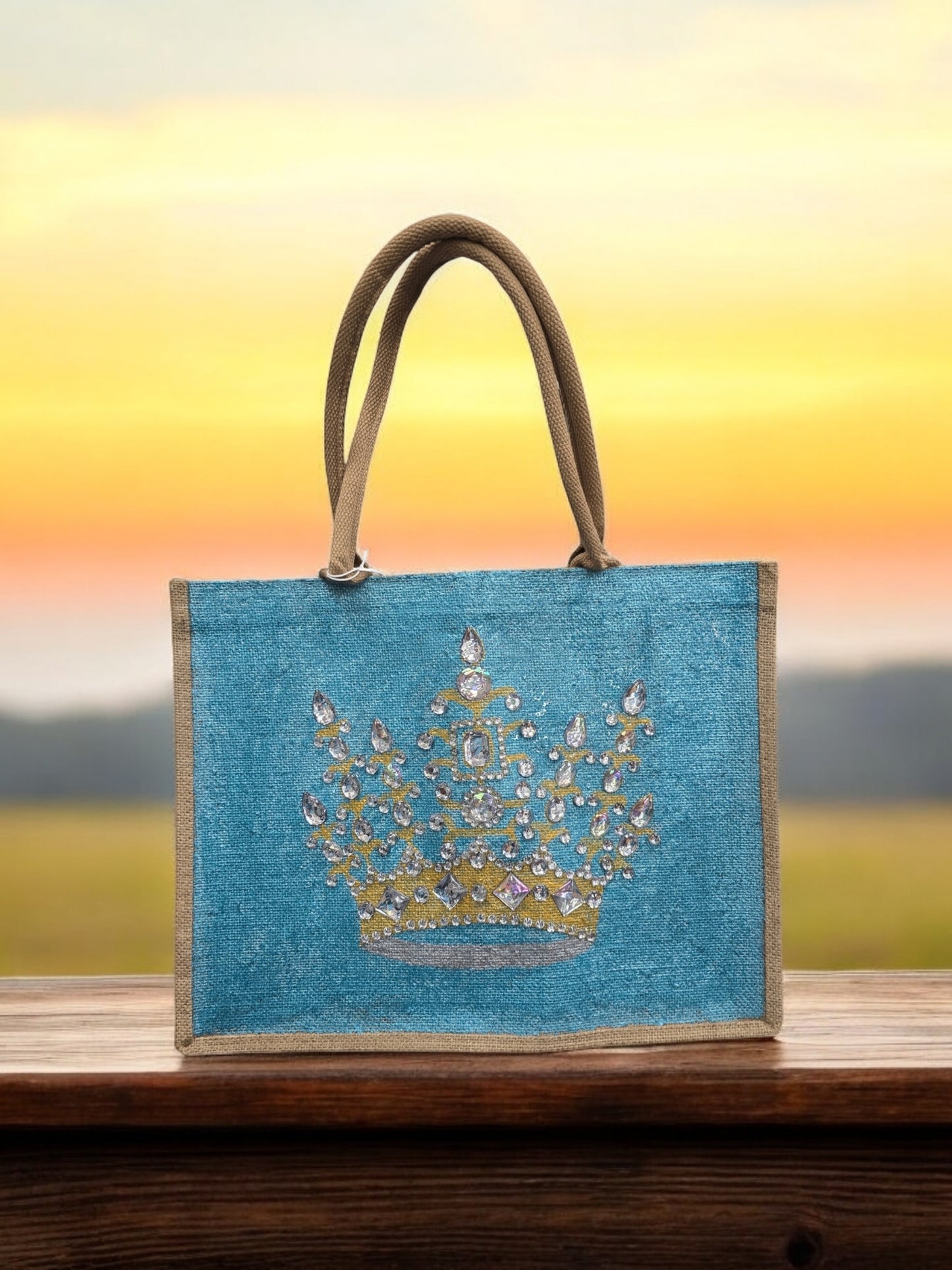 gold crown tote bag, metallic turquoise tote bag, queen tote bag, princess tote bag, beaded crown jute bag, eco-friendly tote