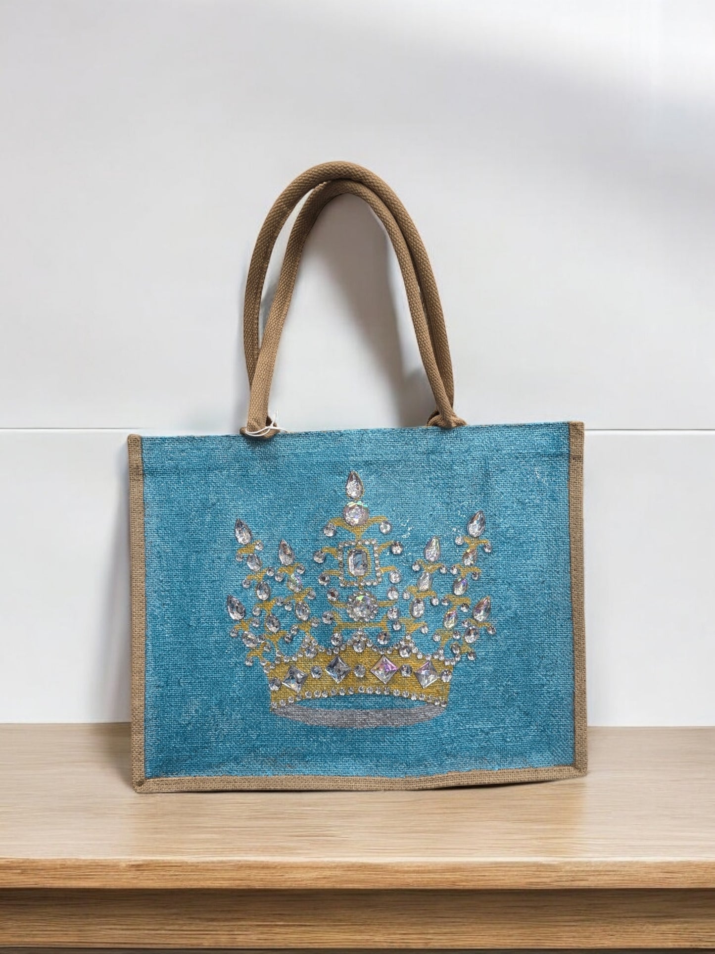 gold crown tote bag, metallic turquoise tote bag, queen tote bag, princess tote bag, beaded crown jute bag, eco-friendly tote